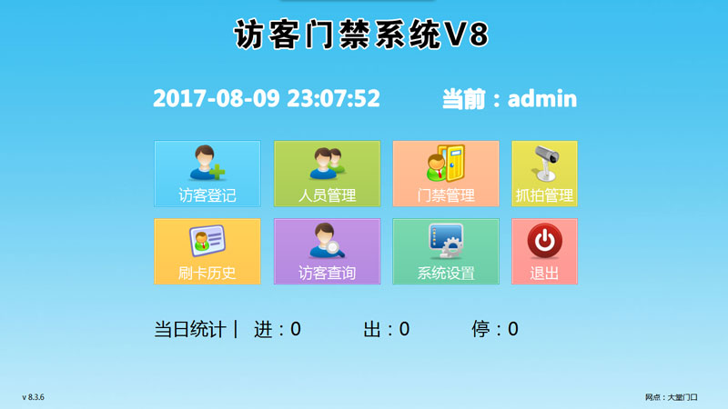 主界面功能：由訪客登記、人員管理、門禁管理、抓拍管理、刷卡歷史、訪客查詢、系統設置、退出軟件。
